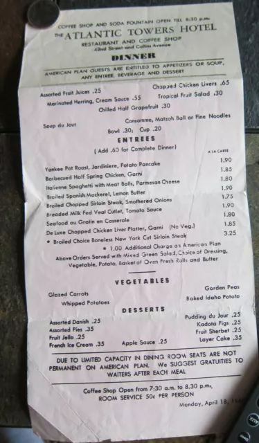 1960 MENU ATLANTIC TOWERS HOTEL MIAMI BEACH, Florida FL