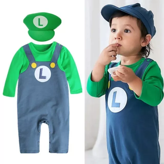 Baby One Piece Super Mario Bros Costume Hat Jumpsuit Romper Xmas Fancy Dress∝