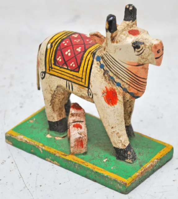 Vintage Wooden Cow With Baby Figurine Original Old Hand Carved Painted