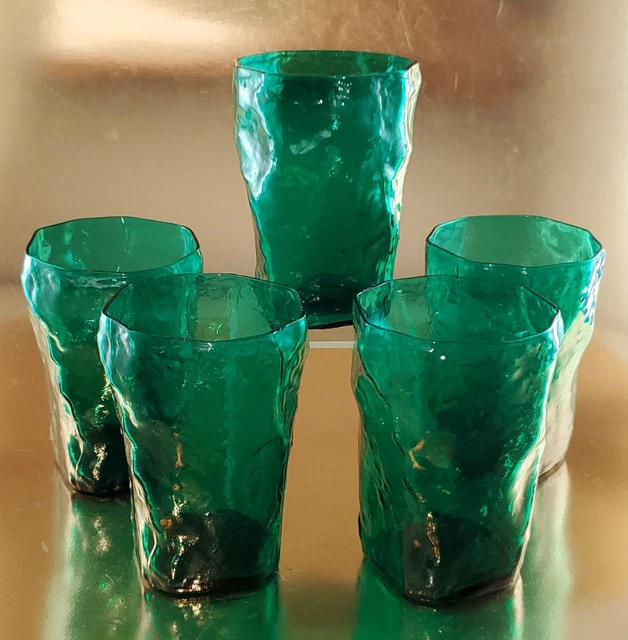 5 Morgantown CRINKLE GREEN 10 oz Flat Tumblers, 1940s era Excellent Condition! 5 Morgantown CRINKLE GREEN 10 oz Flat Tumblers, 1940s era Excellent Condition!