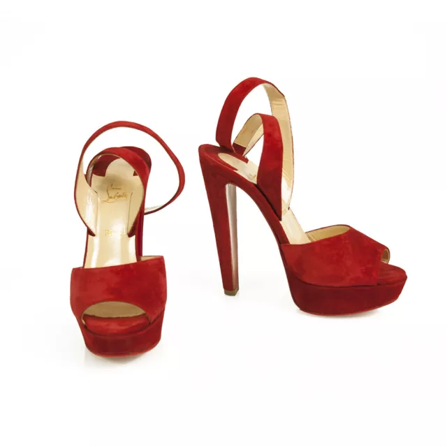 Christian Louboutin Louloudance Red Suede Platform Red Sole Sandal Heels 37,5eu