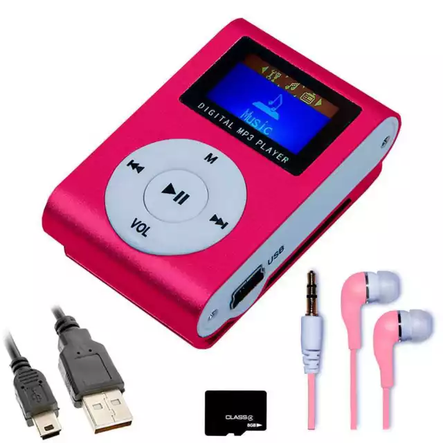 Mini Lector de Musica MP3 con Clip Metalico+Cable+Auriculares+MicroSD 8GB Rosa
