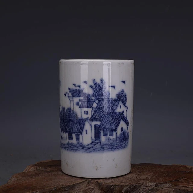 4.8" Collect China Blue White Porcelain Hand Painting Scenery Brush Pot