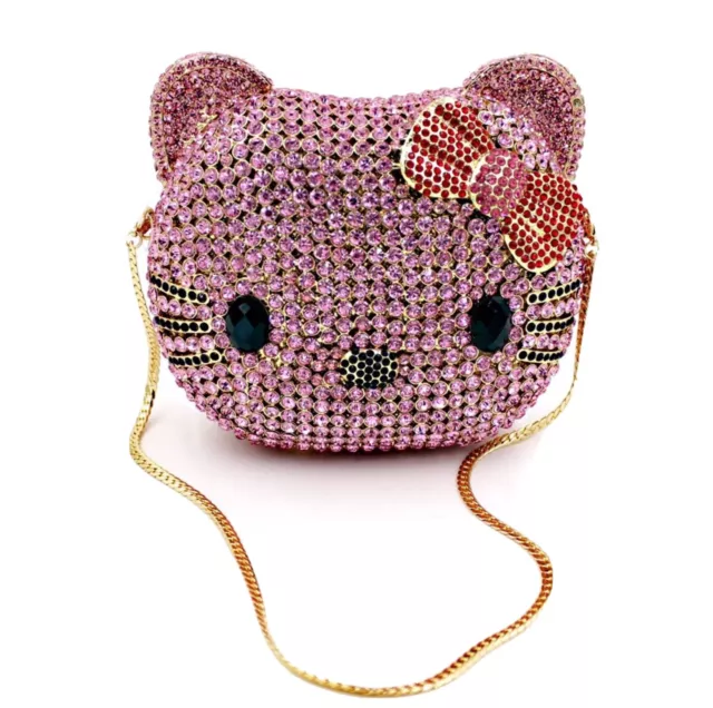 Brand New PINK Hello Kitty Face With Red Hair Bow Rhinestone Crystal Handbag
