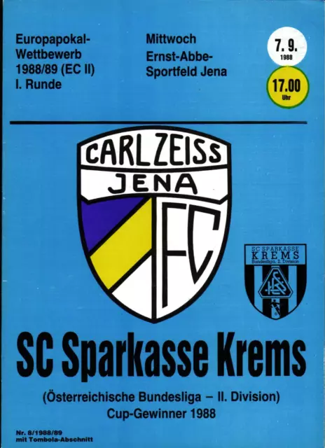 Cwc Ec II 88/89 FC Carl Zeiss Jena - Black Sparkasse Krems, 07.09.1988