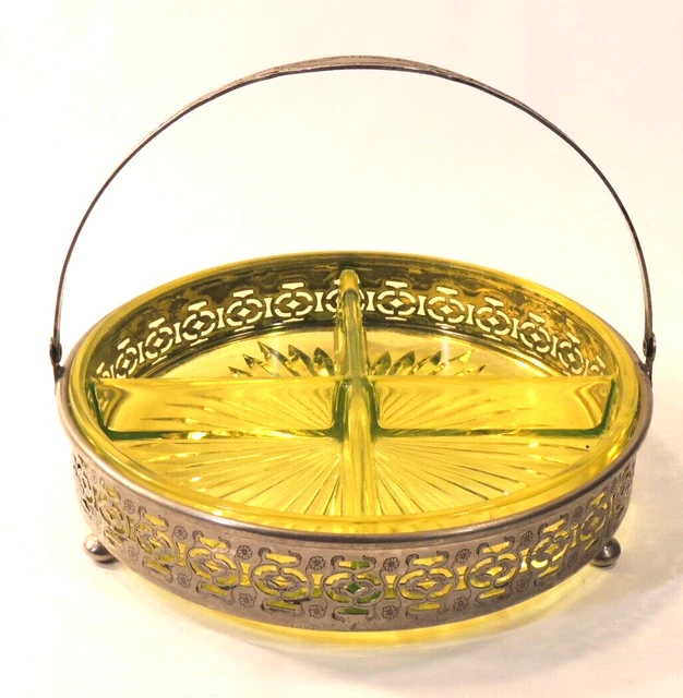 VTG VASELINE URANIUM Depression Glass 4 Divided Candy Dish Silver Metal