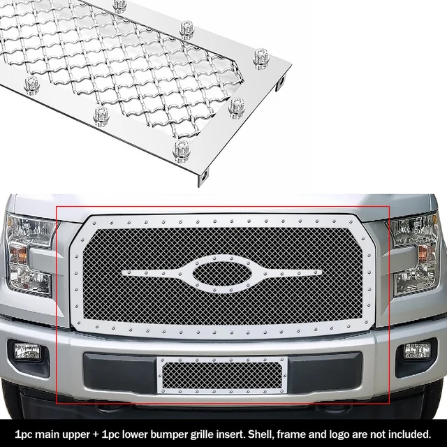 Fits 2015-2016 Ford F-150 Stainless Steel Chrome Mesh Rivet Grille Insert Combo