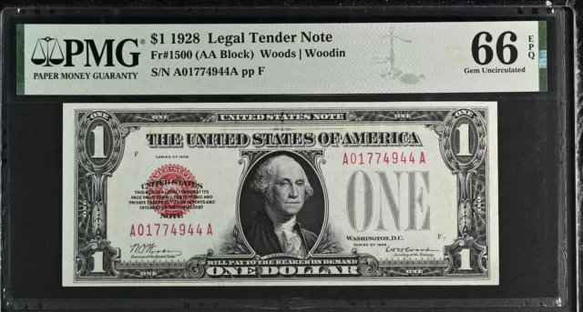 $1 1928 Legal Tender, Fr. 1500 Red Seal Ace One Year Type PMG Gem Unc 66EPQ