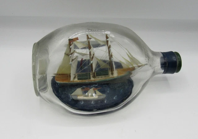 Vintage full rigged 2 ship in a bottle Pinch scotch American flag 8" Vintage full rigged 2 ship in a bottle Pinch scotch American flag 8"