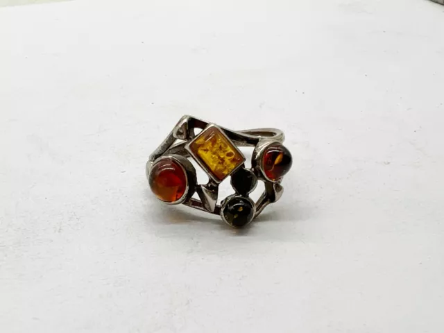 Vintage Solid Sterling Silver Scottish Amber Modernist Celtic Ladies Ring Size R