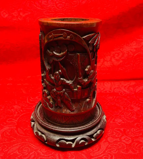 ANT/VTG Asian Bamboo Brush Pot With Hand Carved Scenes 5 5/8” Tall X 3 3/8" Wide