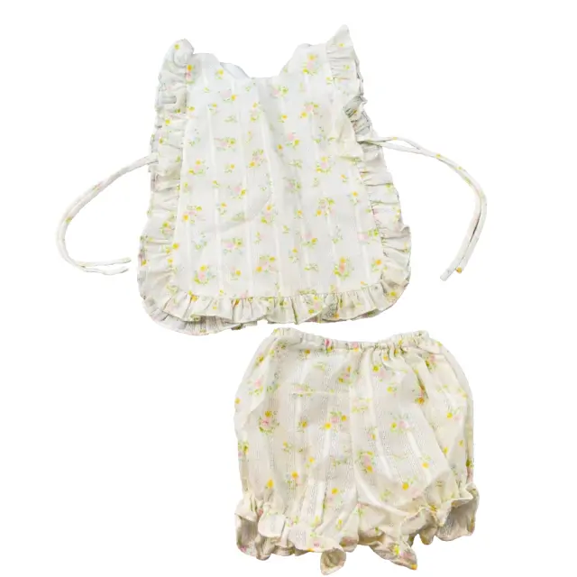Baby Girl Vintage Tiny Finery Floral Yellow & White Apron Sun Dress Ties at Side