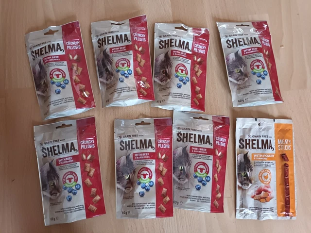 7x almohadas crujientes SHELMA + 1x Meaty Sticks comida para gatos delicias gato