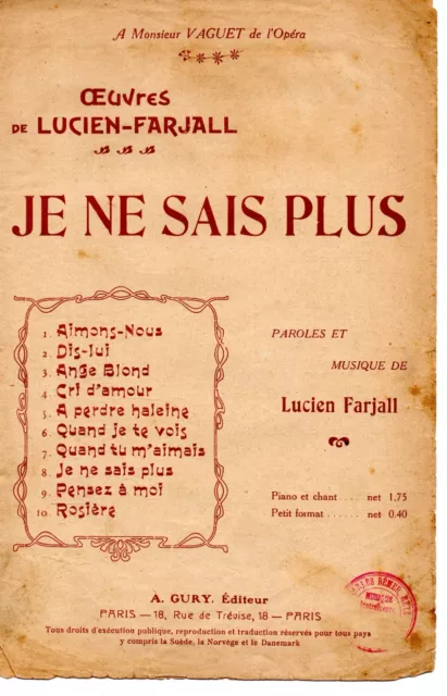 Partition chant "Je ne sais plus", joli poème et musique de Lucien FARJALL
