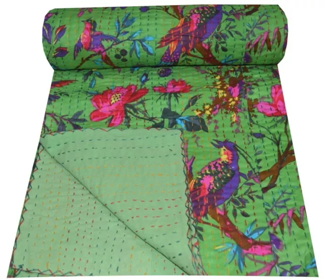 Indian Cotton Kantha Quilt Bird Handmade Print Bedding Bedspread Blanket Throw