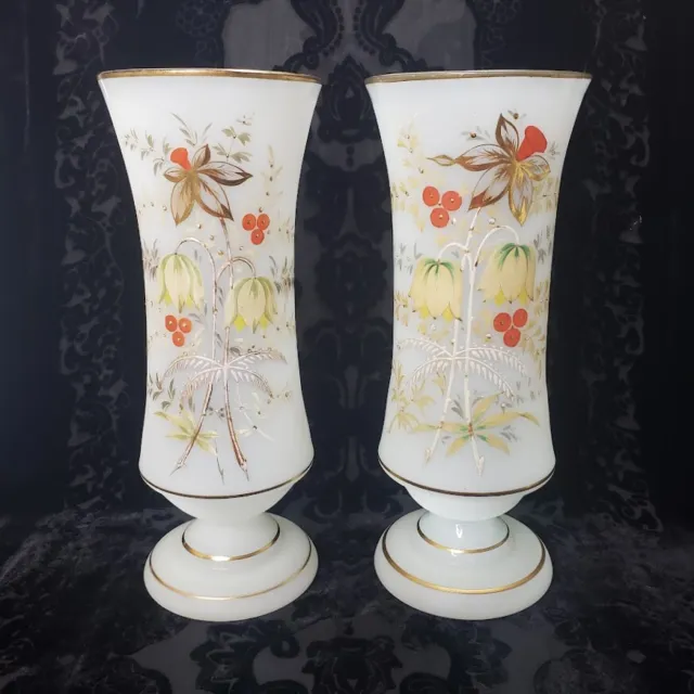 Antique Bristol Vase White Opaline Hand Painted Floral Blown Glass Set of 2