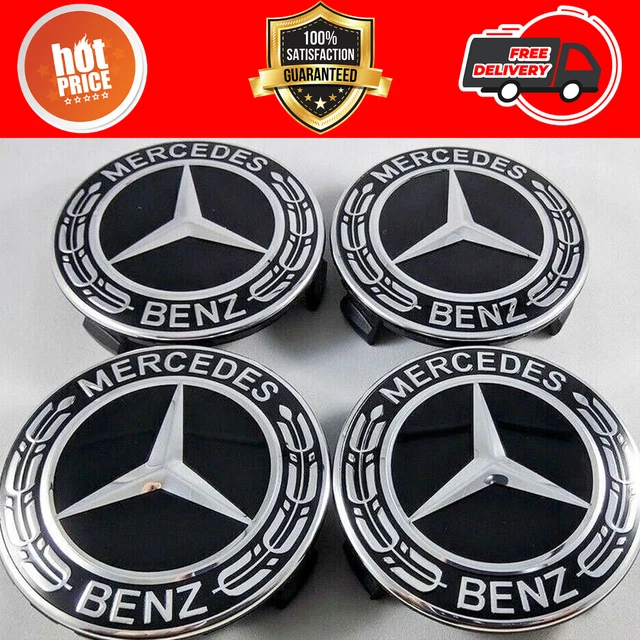 4 X BLACK Mercedes Benz Wheel Centre Caps 75mm AMG A B C E S M Class ML ...
