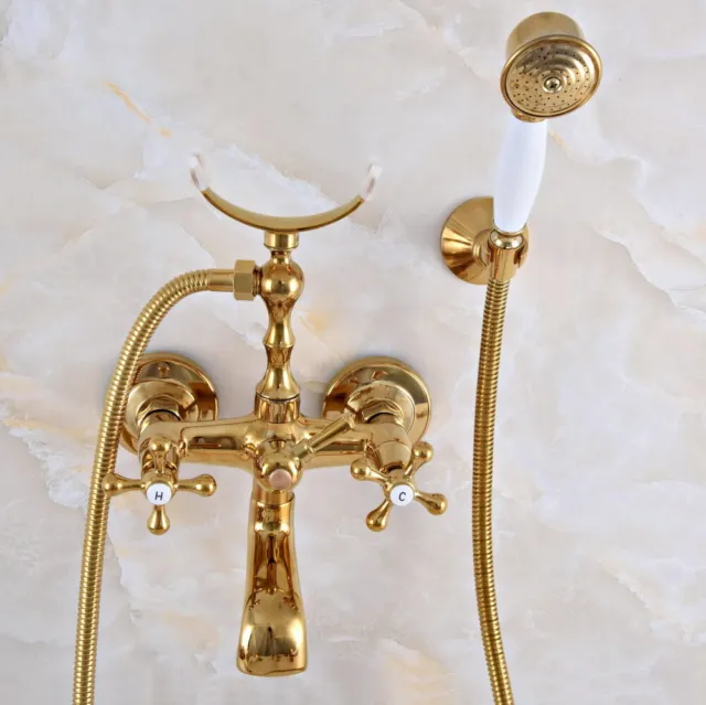 Wall Mount Claw-foot Bathtub Faucet Tub Filler Handheld Shower Gold Brass fna921