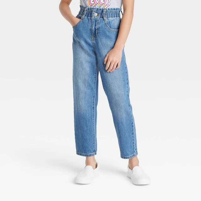 Girls' Relaxed Paperbag Mid-Rise Waist Jeans - Cat & Jack Medium Wash 6X, Medium
