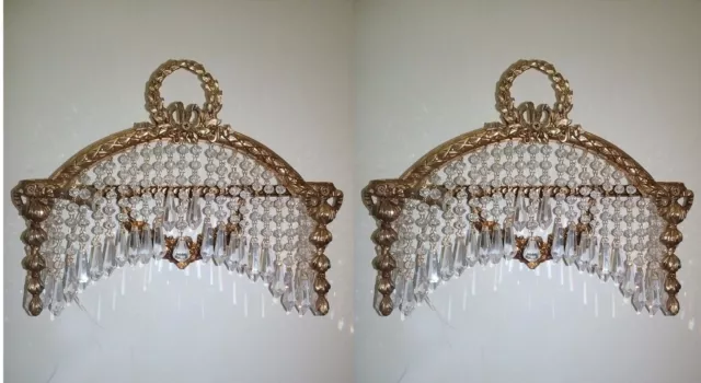 Pair French Empire Replica Ornate Brass Crystal Wall Sconces Appliques