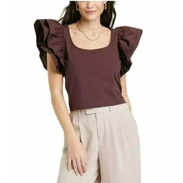 NEW a new day Double Flutter Sleeve Slim Fit Crop Blouse - Brown - Size Small