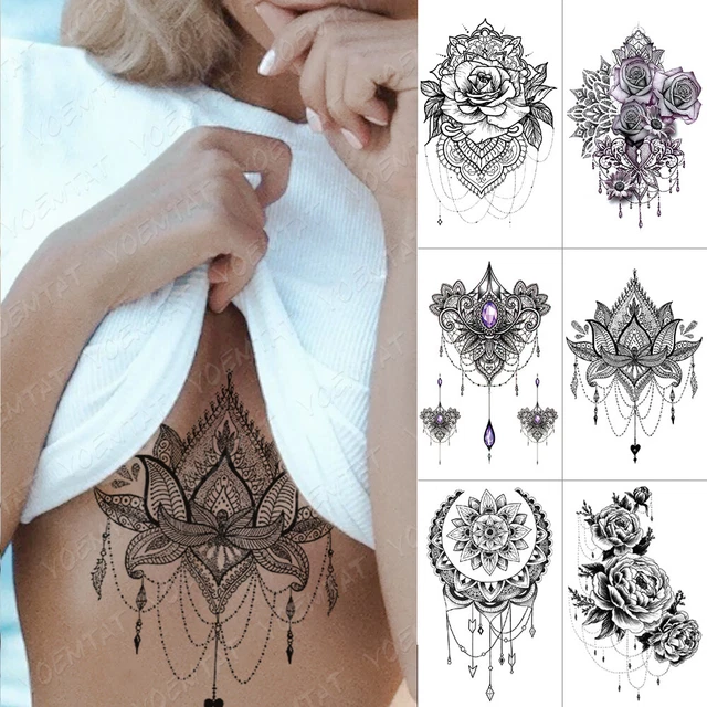 6PCS Waterproof Temporary Tattoo Sticker Flower Lace Rose Gun Butterfly Lotus