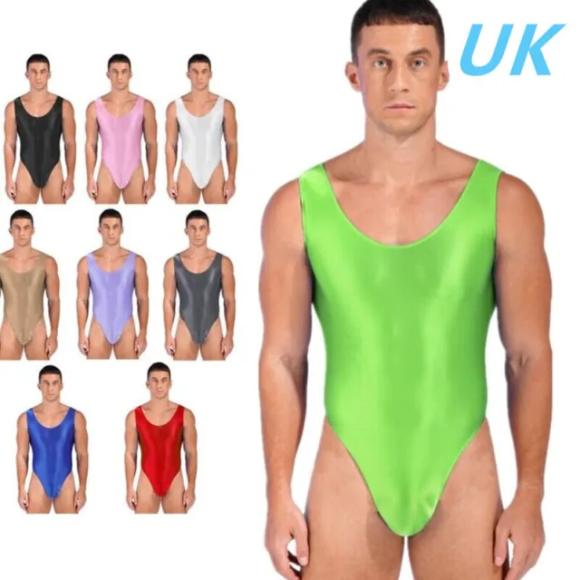 Men's Glossy High Cut Bodysuit Stretchy Leotard Wrestling Singlet Swimwear