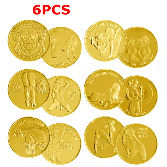 6PCS Good Luck Heads Tails Gold Token Challenge Coins Sexy Girl Gift For Man