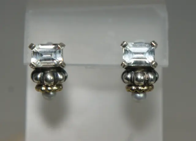 Lagos CAVIAR 925 Silver 750 Gold White Topaz Pearl Omega Back Post Stud Earrings