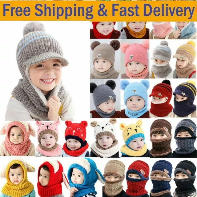 Toddler Kids Girl Boy Baby Winter Warm Knit Hat Balaclava Cap Beanie Scarf Sets