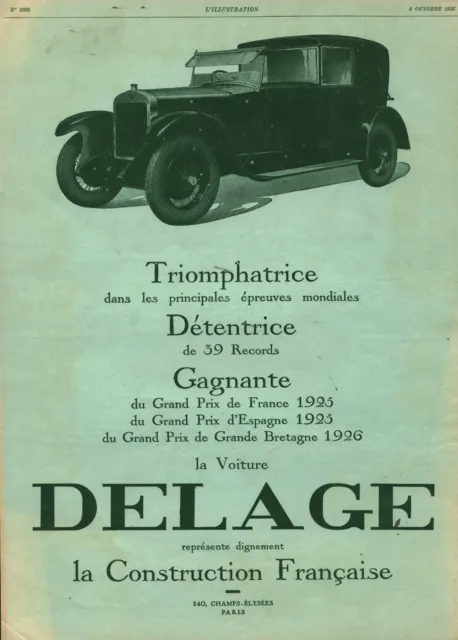 Publicité ancienne automobile Delage 1926 issue de magasine