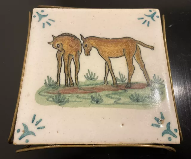 Antique Tile Trivet Lisboa Portugal Fabrica Santana Hand Painted Horses