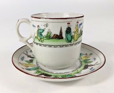Platillo de taza de té de porcelana pintado a mano escena holandesa antiguo