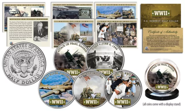 HISTORIC MOMENTS of WWII JFK Half Dollar 5-Coin Set with Matching Trading Cards