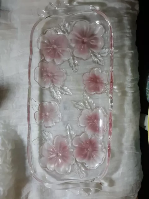 Mikasa Clear Glass Serving Platter/Tray W/ Frosted Pink Flower Floral Pattern...