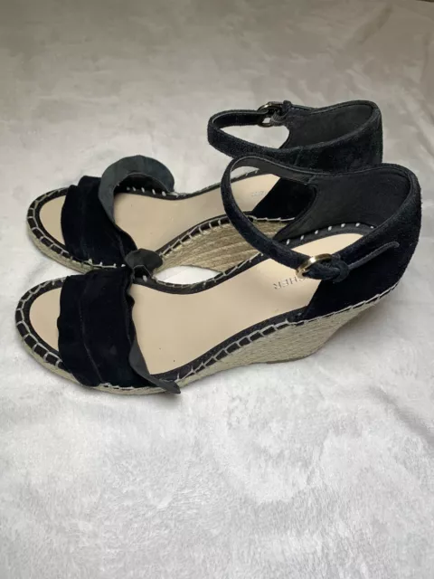 Marc Fisher Espadrille Wedge Sandals Size 9 Black Suede Ruffle Strap & Buckle