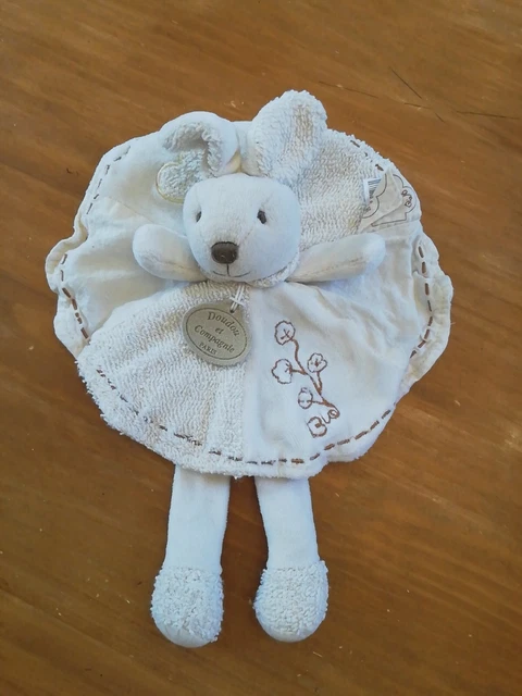 Doudou Et Compagnie Lapin Plat Rond Blanc Marron Beige Coton Bio