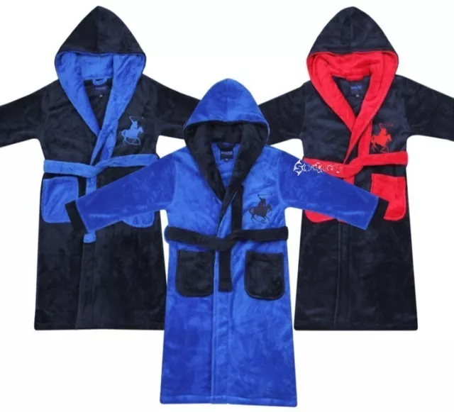 Boys Luxury Fleece Hooded Dressing Gown Robe Polo Player Embroidery Ages 2-13