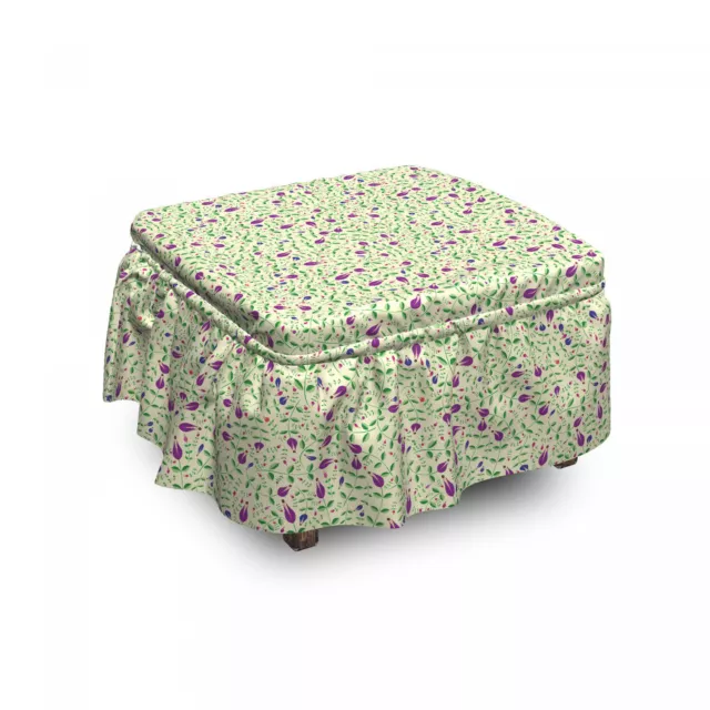 Ambesonne Floral Folk Ottoman Cover 2 Piece Slipcover Set and Ruffle Skirt