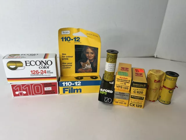 Vintage Film Lot, 11 Pcs New Old Stock, Kodak, Ilford 110,120, 126, 1970s-1980s