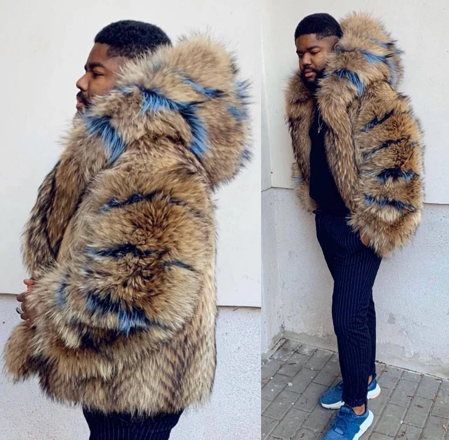 Mens Natural Raccoon Fur Bombe Jackets Hood Fashion Winter Real Fur Warm Outwear