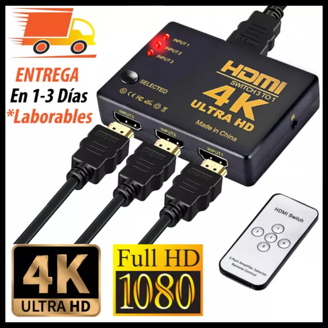 Switch HDMI 4K con 3 Entradas 1 Salida Splitter HDMI Conmutador Full HD 4K 1080P