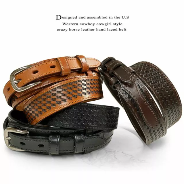 Genuine Full Grain Leather Basketweave Tooled Engraved Western Ranger Belt
