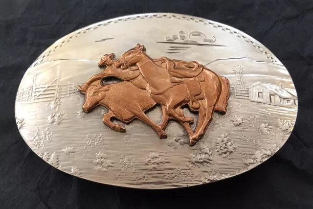 Vintage Cowboy Bull Dogging Steer Wrestling German Silver Comstock Belt Buckle