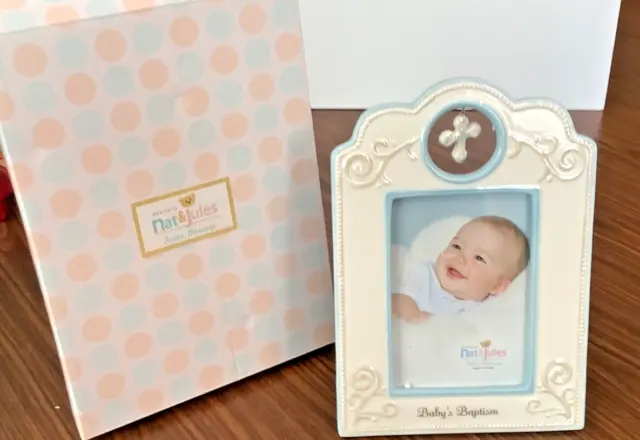 Nat and Jules Baby Boy Picture Baptism Frame Religious Dangling Cross in Box 5X7
