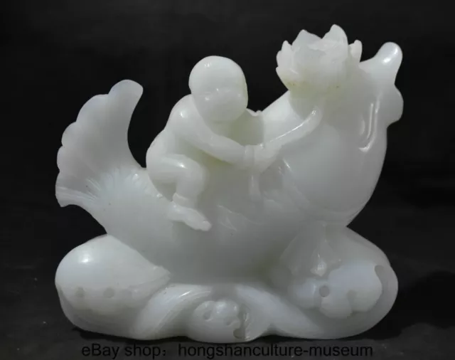 8 " Old Chinese Natural White Jade Carved Fengshui Fish Tongzi Statue