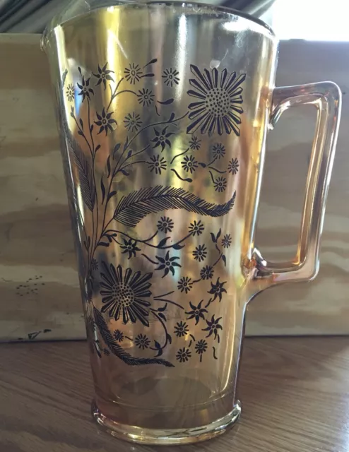 Vintage Jeanette Glass Co - Marigold Carnival - Black Floral - Pitcher