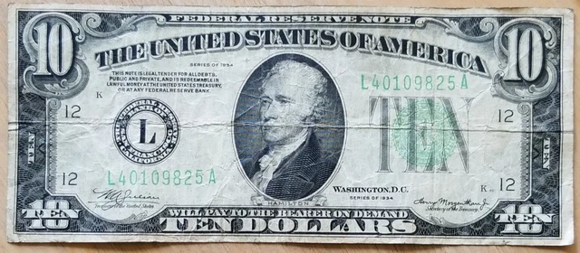 1934 $10 Dollar Federal Reserve Note Green Seal "L" San Francisco, CA Bill