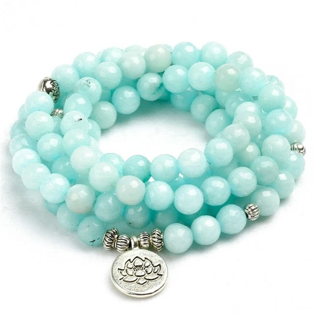 8mm blue chalcedony 108 beads Mala bracelet lotus Buddha pendant tassel Hot
