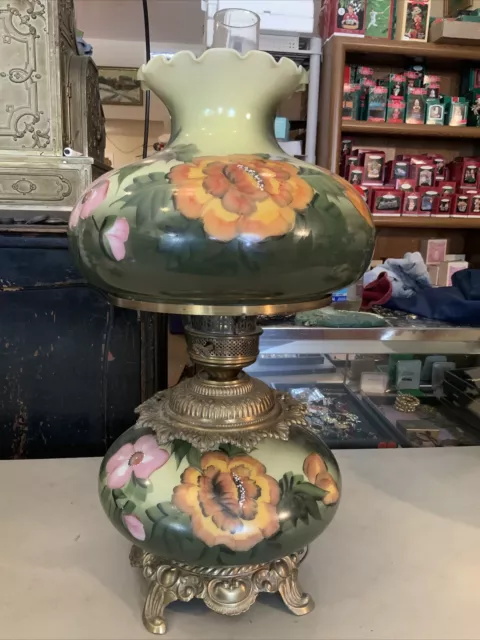 VINTAGE Electric TABLE LAMP GWTW BANQUET Parlor GLASS Flowers Green Pink Orange